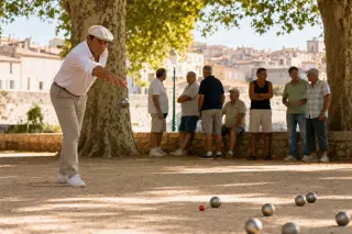 left-handed pétanque player launching a boule on a shaded earth terrain in Antibes with warm light, platanes, and local players nearby