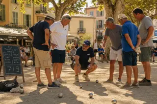 Players discussing tactics around a cochonnet on a tree-shaded Provençal pétanque field with sunlit ground and scattered boules.