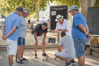 Pétanque players talking around a cochonnet on a shaded, sunlit boulodrome lined with plane trees in late afternoon, capturing camaraderie and club spirit in Provence.