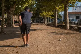 pétanque player launching a boule on a shaded outdoor court under plane trees in evening sunlight, focus on natural Mediterranean ambiance